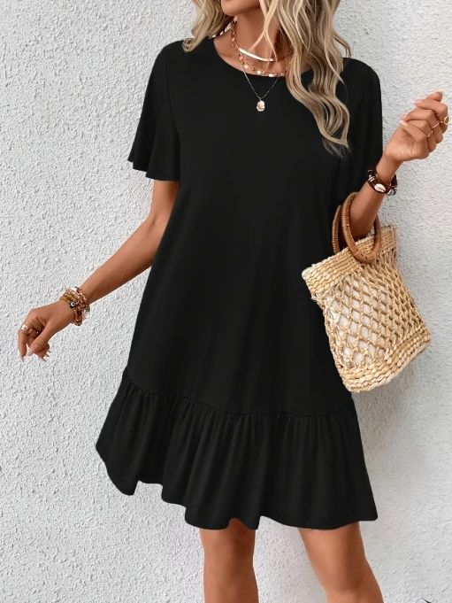 Women's fashionable casual round neck short sleeved solid color mid waist dress for spring and summer 2025 new women's clothing